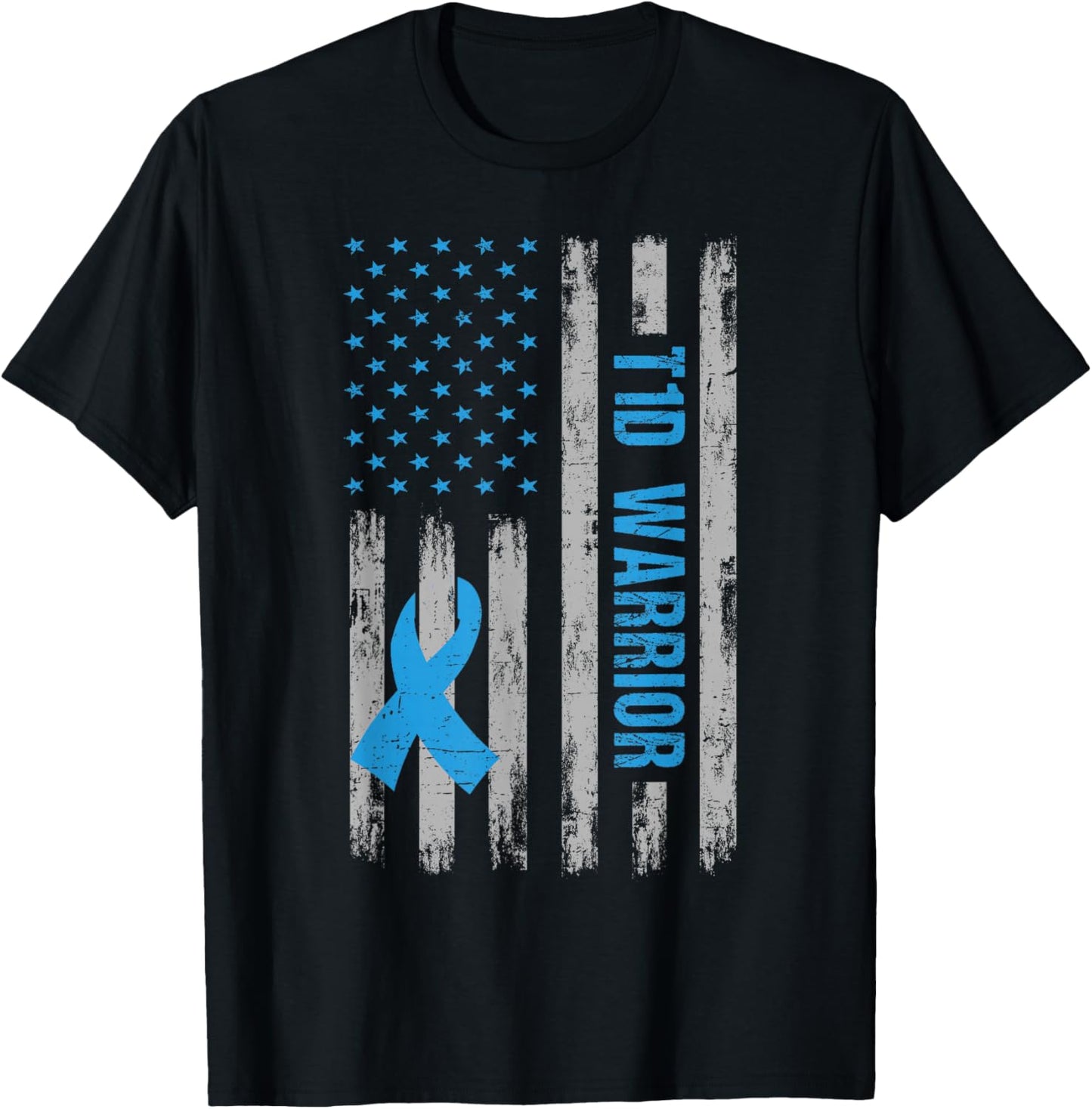 T1D Warrior Awareness American Flag Diabetic Diabetes Type 1 T-Shirt - T-Shirt | Black