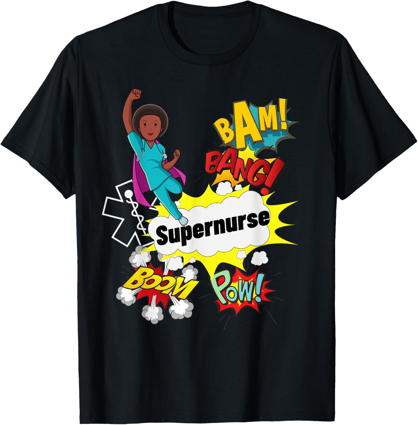 Supernurse Comic Superhero Style RN Black Woman Nursing Gift T-Shirt - T-Shirt | Black
