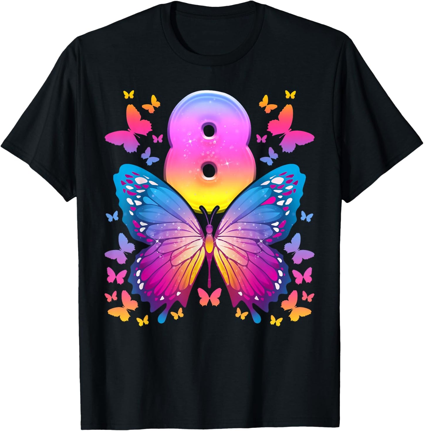8th Birthday Girl 8 Years Butterfly Number 8 T-Shirt - T-Shirt | Black