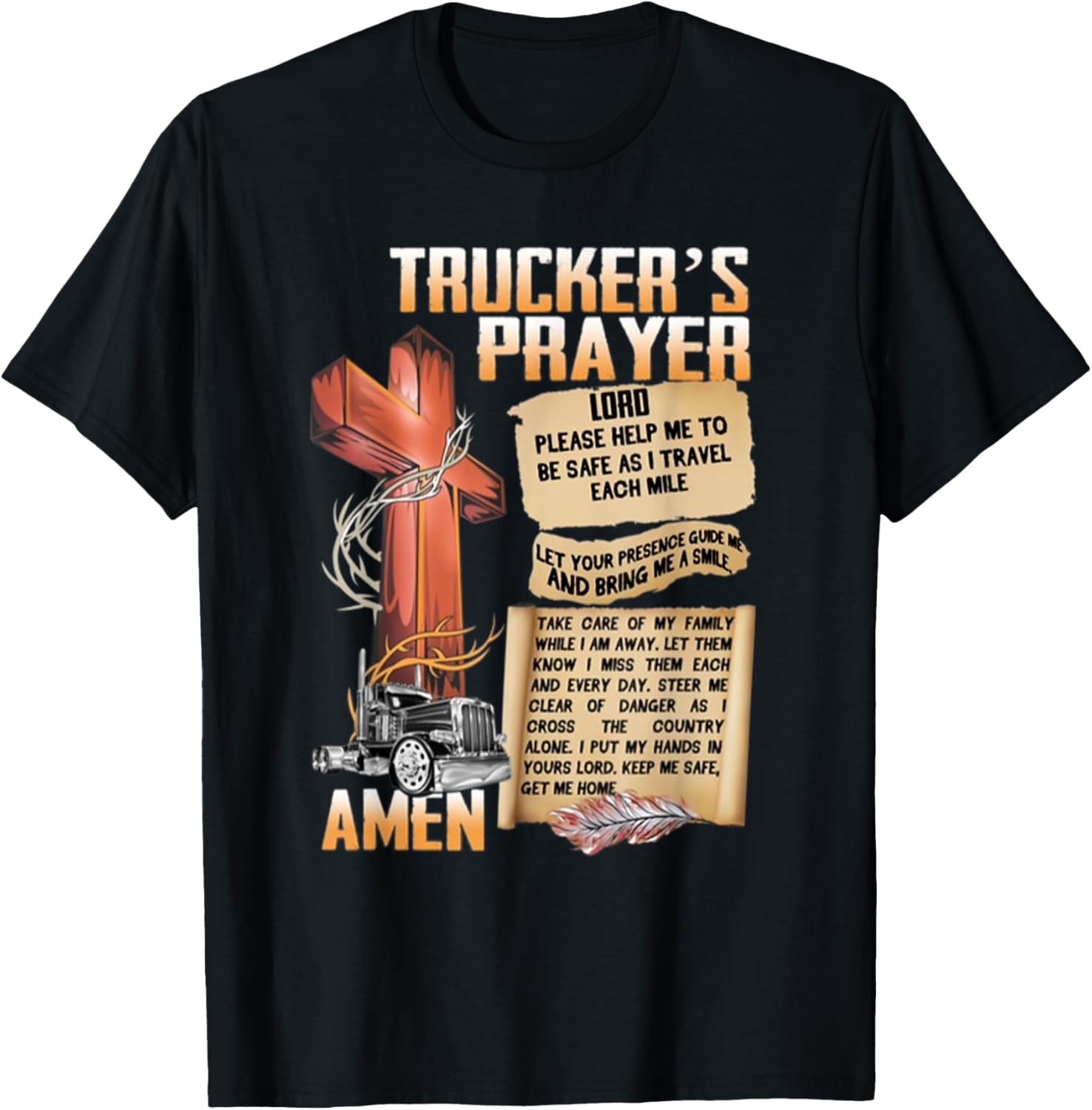 Trucker's Prayer Amen Cross Truck Drive Lover T-Shirt - T-Shirt | Black