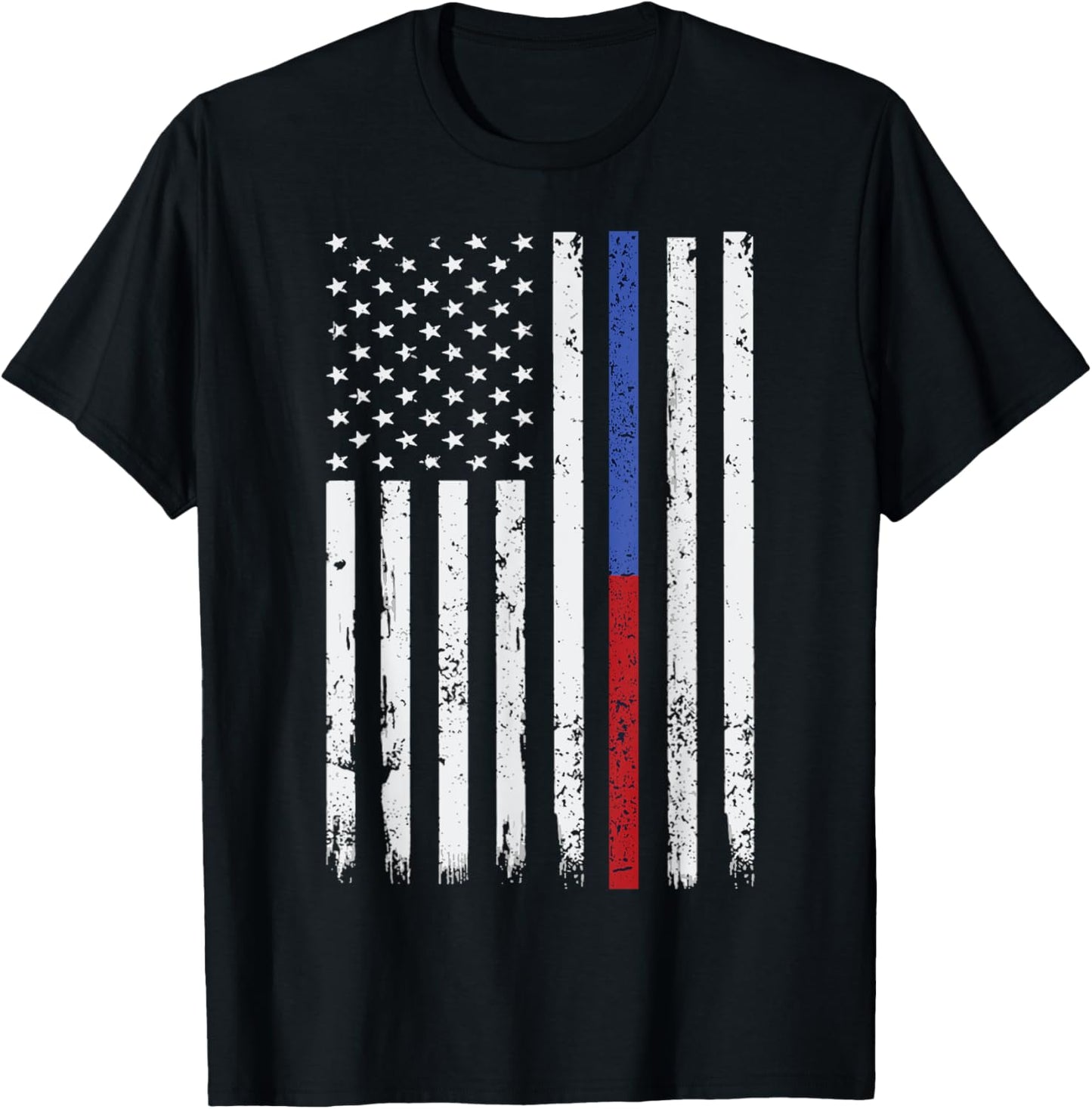 Firefighter & Police Officer Thin Red & Blue Line USA Flag T-Shirt - T-Shirt | Black