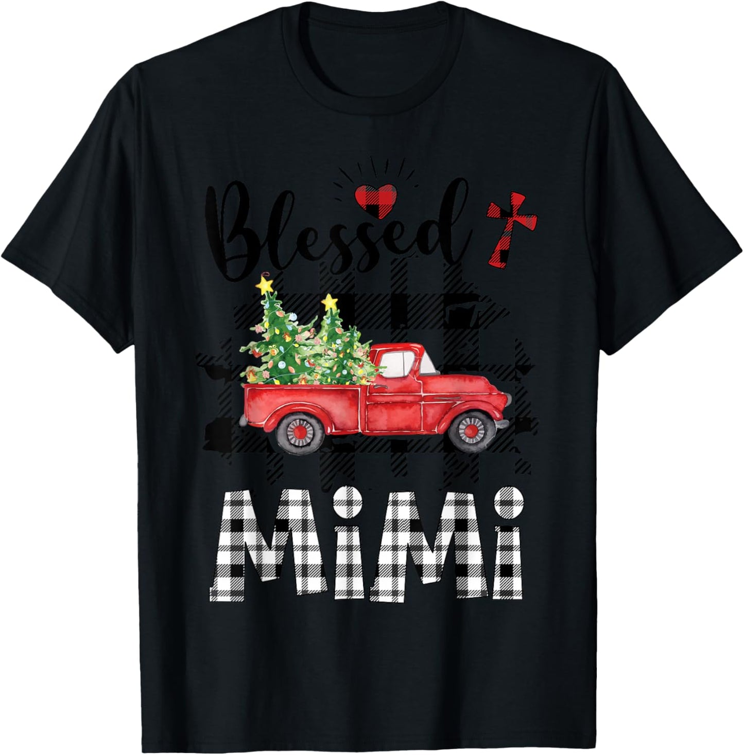 Funny Blessed Mimi Claus Buffalo Plaid Red Truck Christmas T-Shirt - T-Shirt | Black