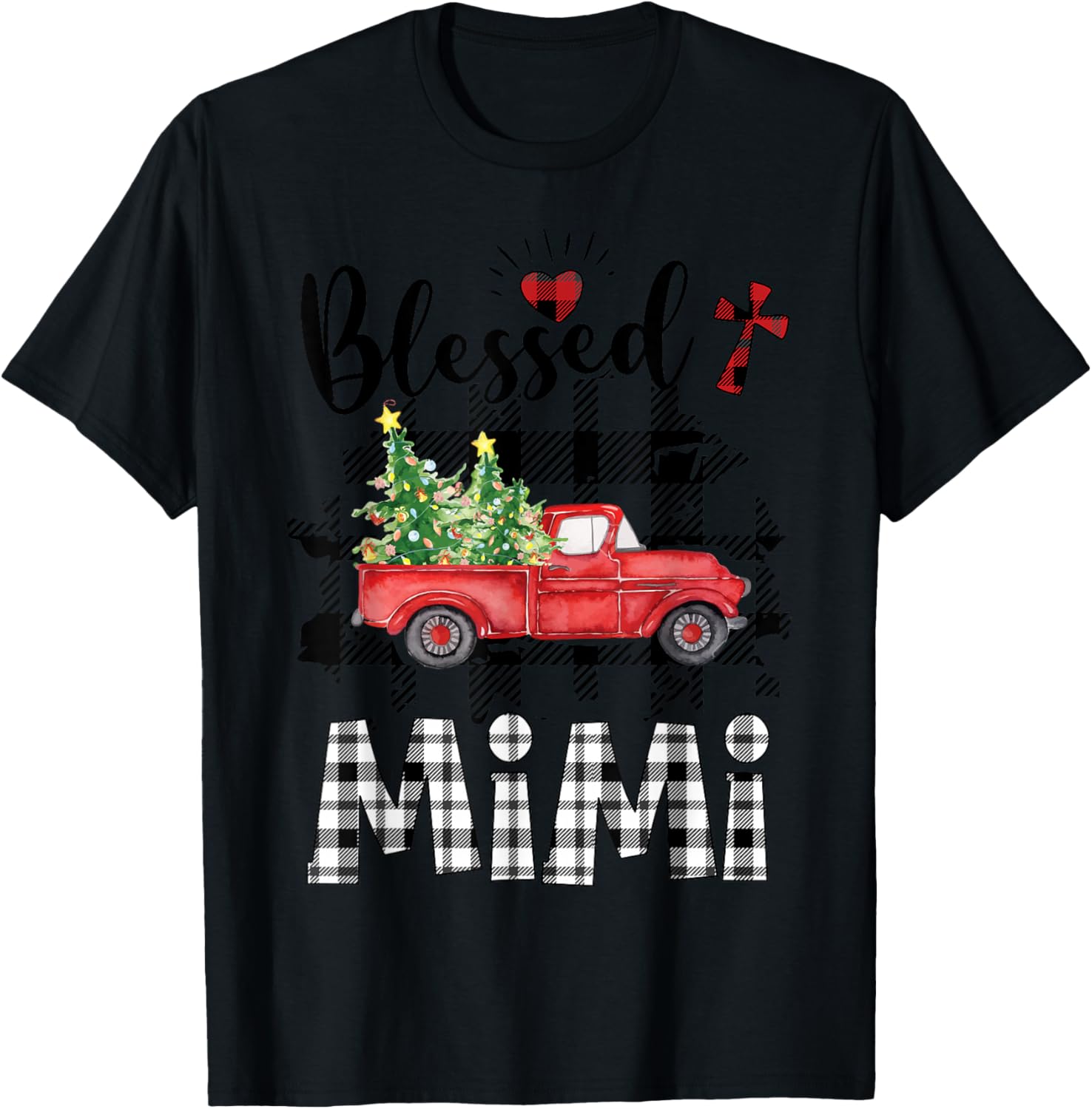 Funny Blessed Mimi Claus Buffalo Plaid Red Truck Christmas T-Shirt - T-Shirt | Black