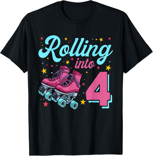4th Birthday Shirt For Girls, Roller Skates Rolling Into 4 T-Shirt - T-Shirt | Black