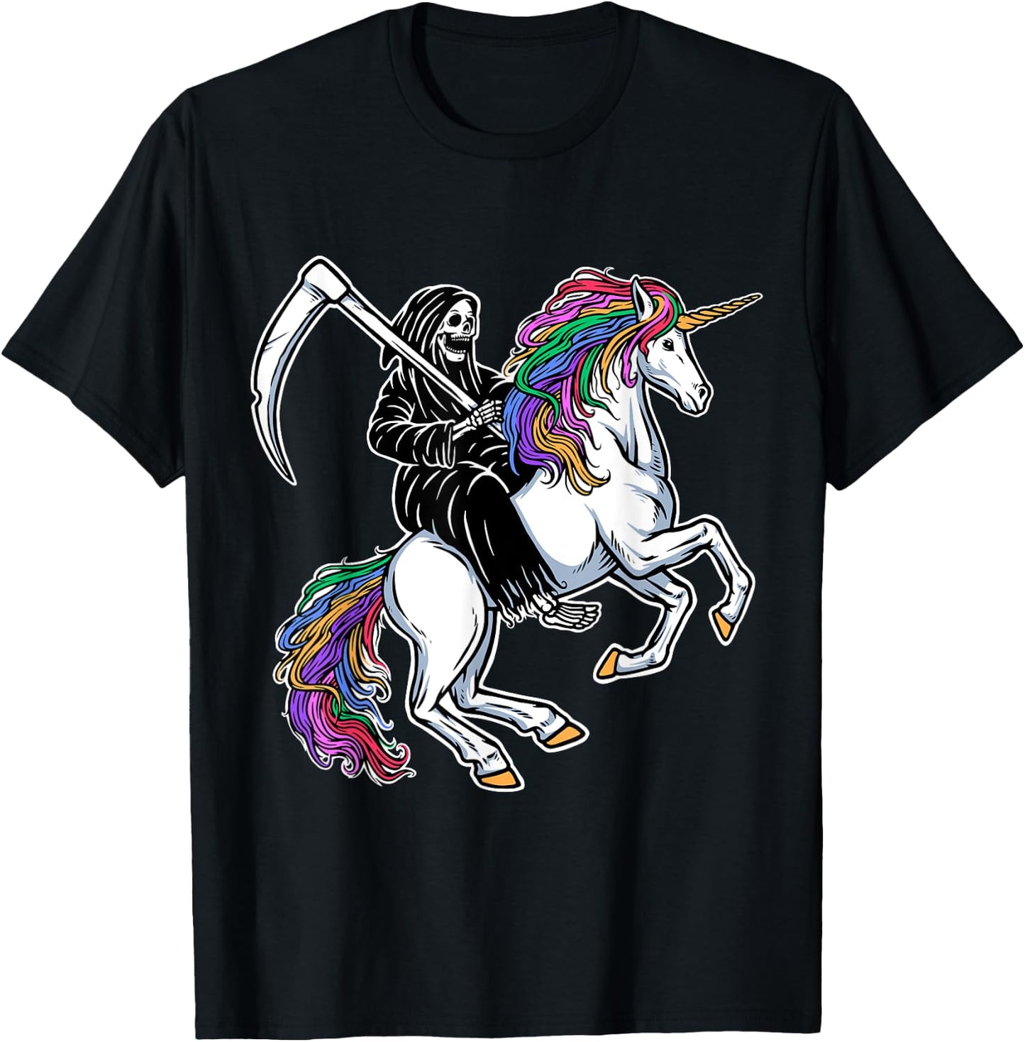 Grim Reaper Riding Unicorn Rainbow Skeleton Halloween T-Shirt - T-Shirt | Black