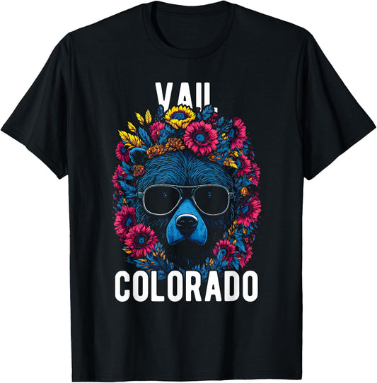 Vail Colorado Bear Wearing Sunglasses and Flowers Design T-Shirt - T-Shirt | Black