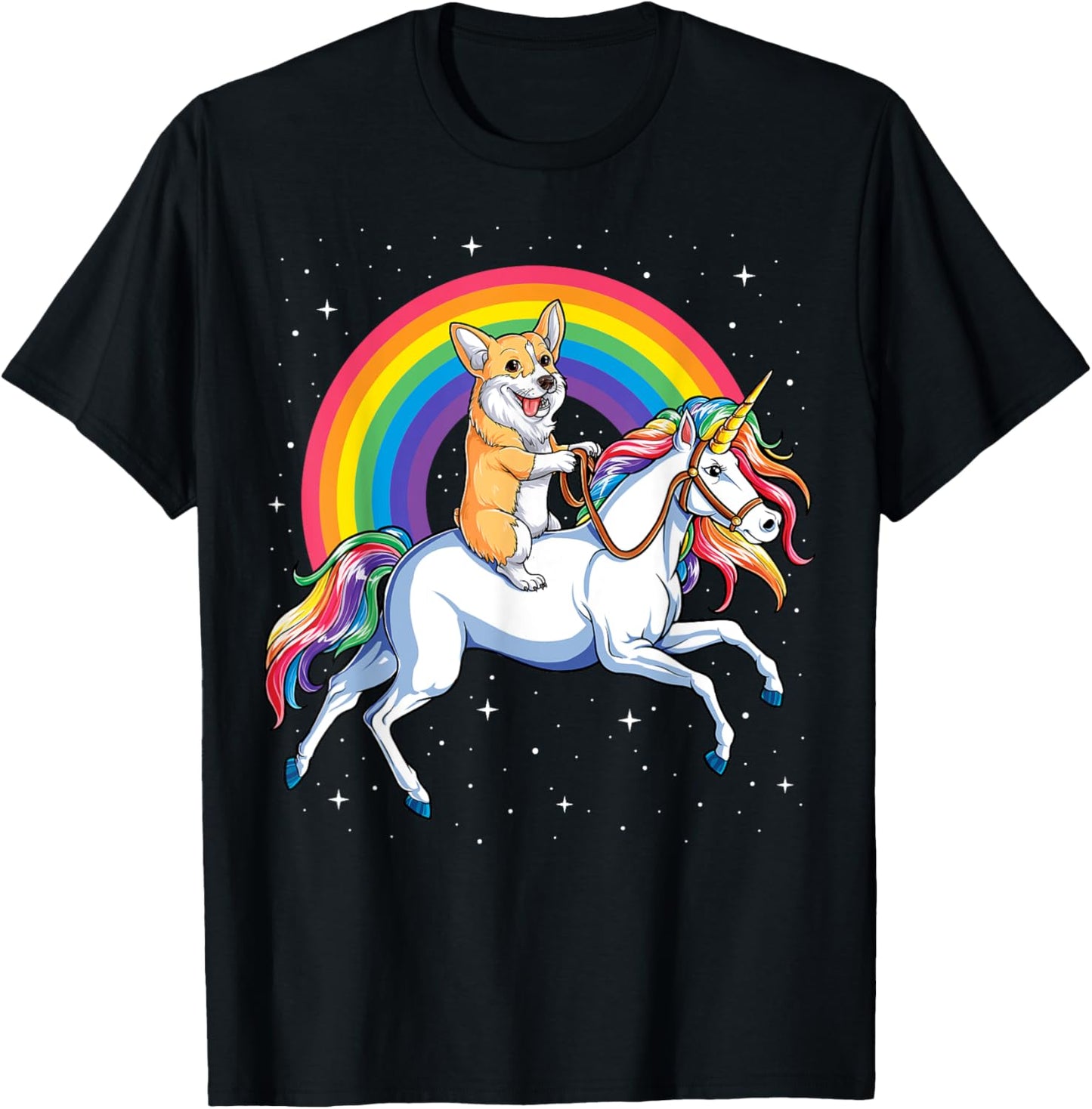 Corgi Riding Unicorn Girls Kids Rainbow Gifts Space Galaxy T-Shirt - T-Shirt | Black