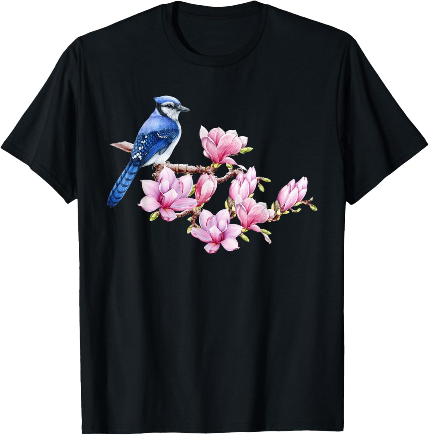 Blue Jay Bird on Magnolia - Watercolor Birding and Gardening T-Shirt - T-Shirt | Black