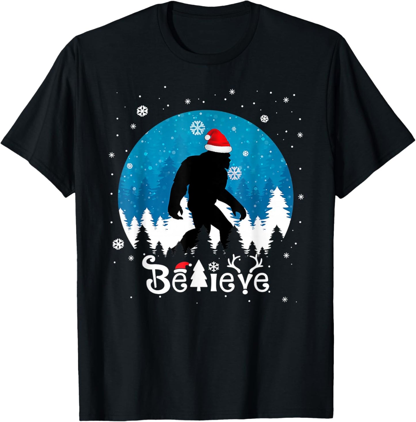 Funny Christmas Xmas Bigfoot Believe Sasquatch In Moon Light T-Shirt - T-Shirt | Black