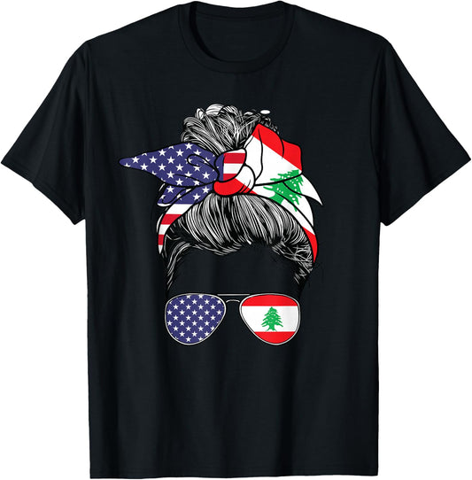 Lebanese Women Girl USA Heritage American Lebanon Flag T-Shirt - T-Shirt | Black