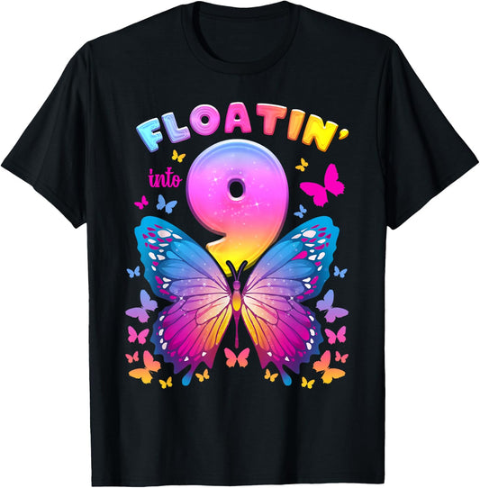 9th Birthday Girl 9 Years Butterfly Number 9 T-Shirt - T-Shirt | Black