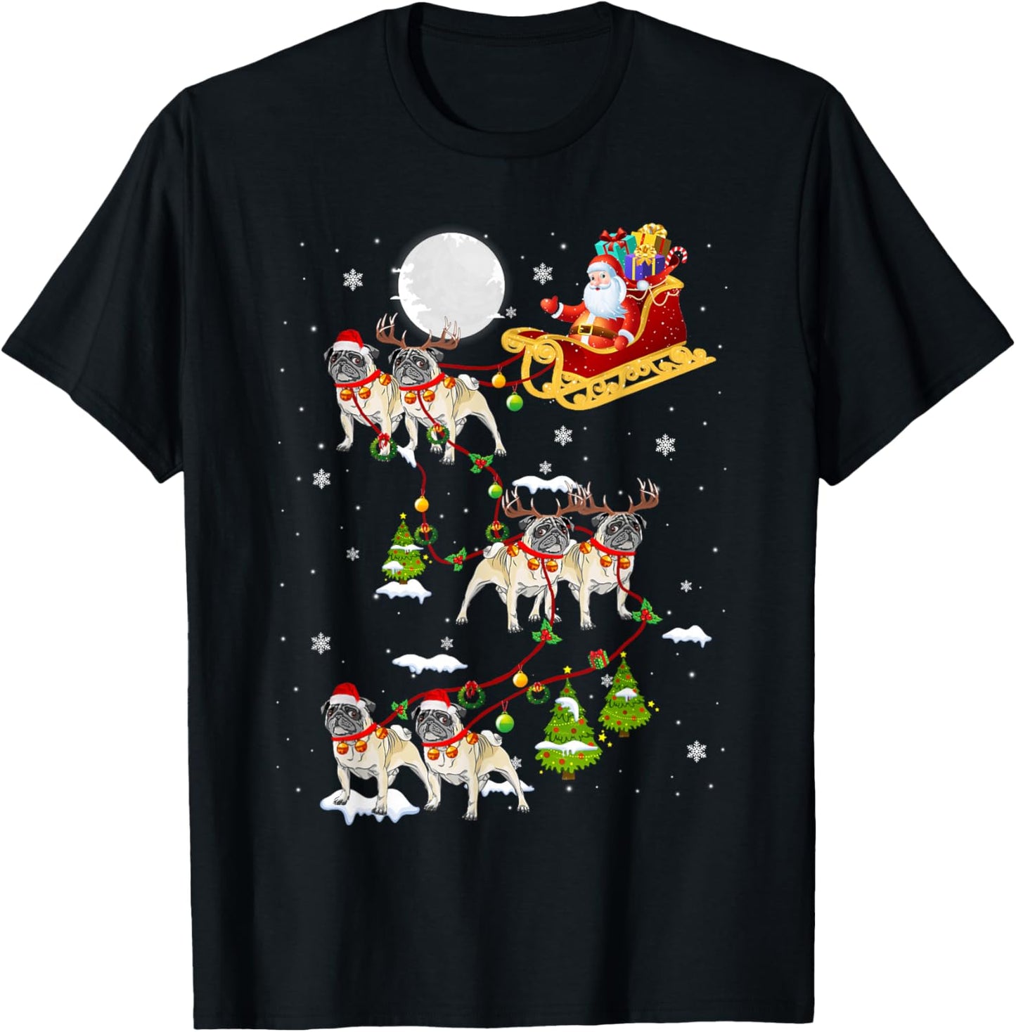 Santa Riding Pug Sleigh Christmas Pug Reindeer T-Shirt - T-Shirt | Black