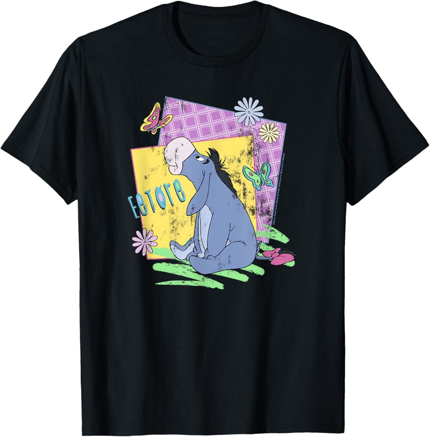 Disney Winnie The Pooh Eeyore Retro Butterflies Poster Small T-Shirt - T-Shirt | Black
