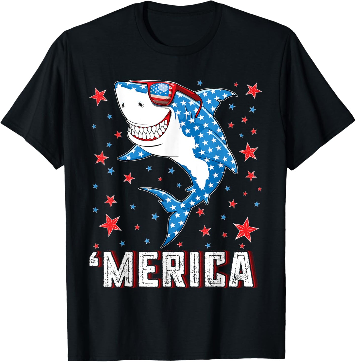 Shark 4th of July Boys Men Kids Youth Merica American Flag T-Shirt - T-Shirt | Black