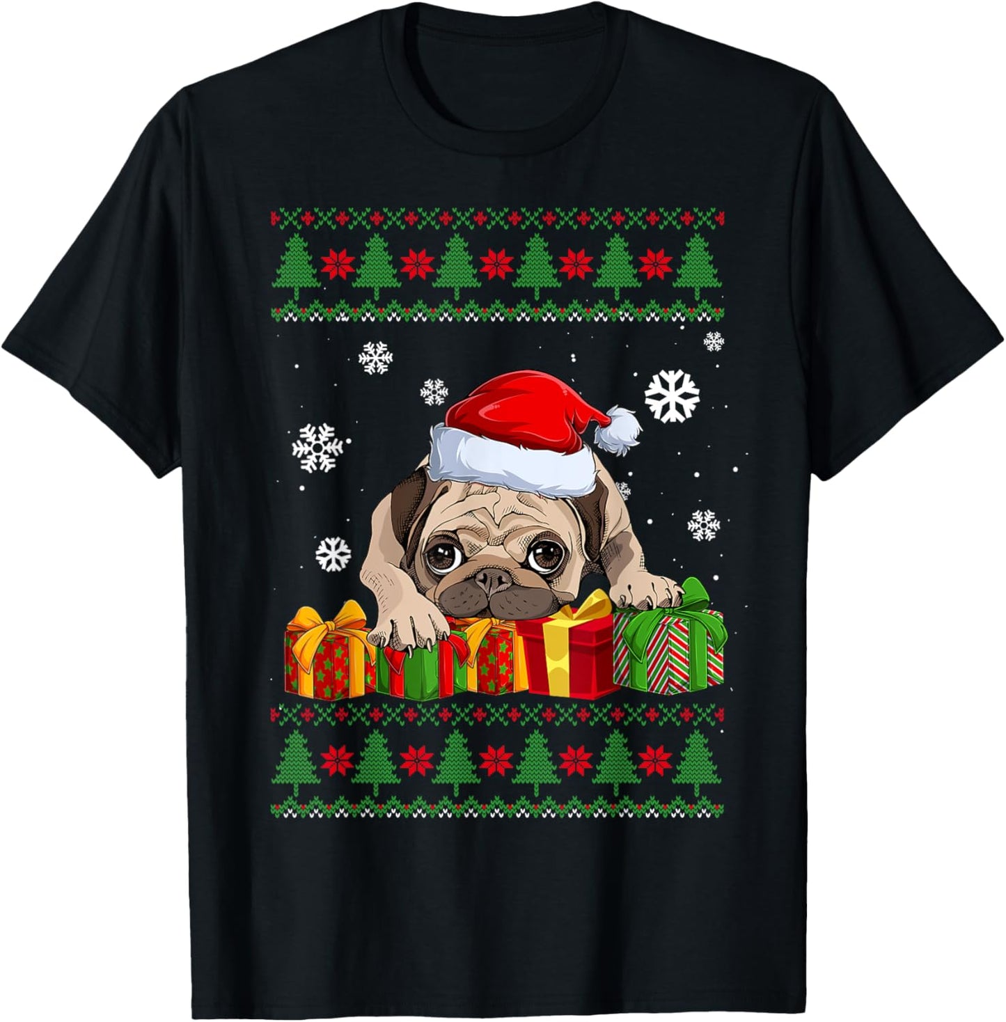 Funny Dog lovers Cute Pug Santa Hat Ugly Christmas Sweater T-Shirt - T-Shirt | Black