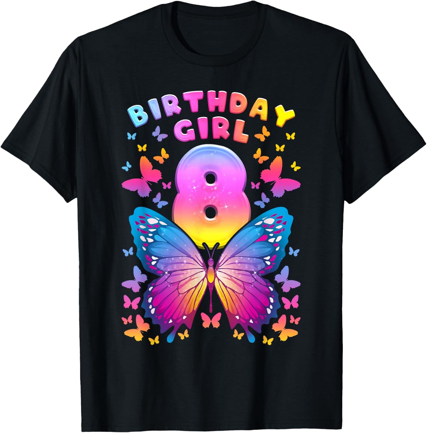 8th Birthday Girl 8 Years Butterfly Number 8 T-Shirt - T-Shirt | Black