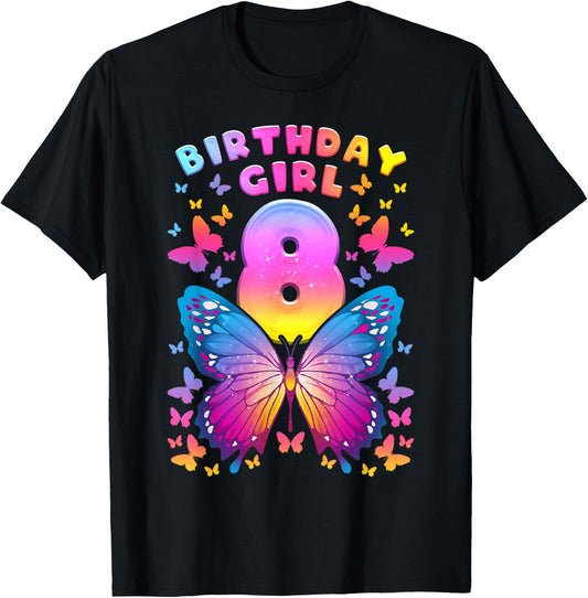 8th Birthday Girl 8 Years Butterfly Number 8 T-Shirt - T-Shirt | Black