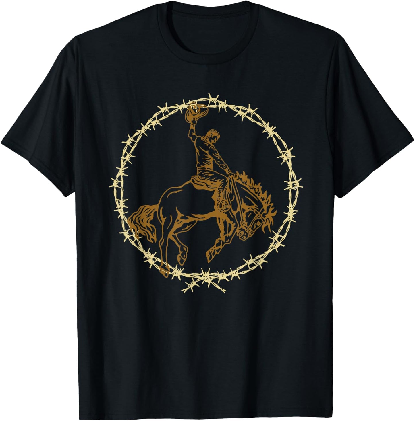 Western Barbed Wire Bronc Cowboy T-Shirt - T-Shirt | Black