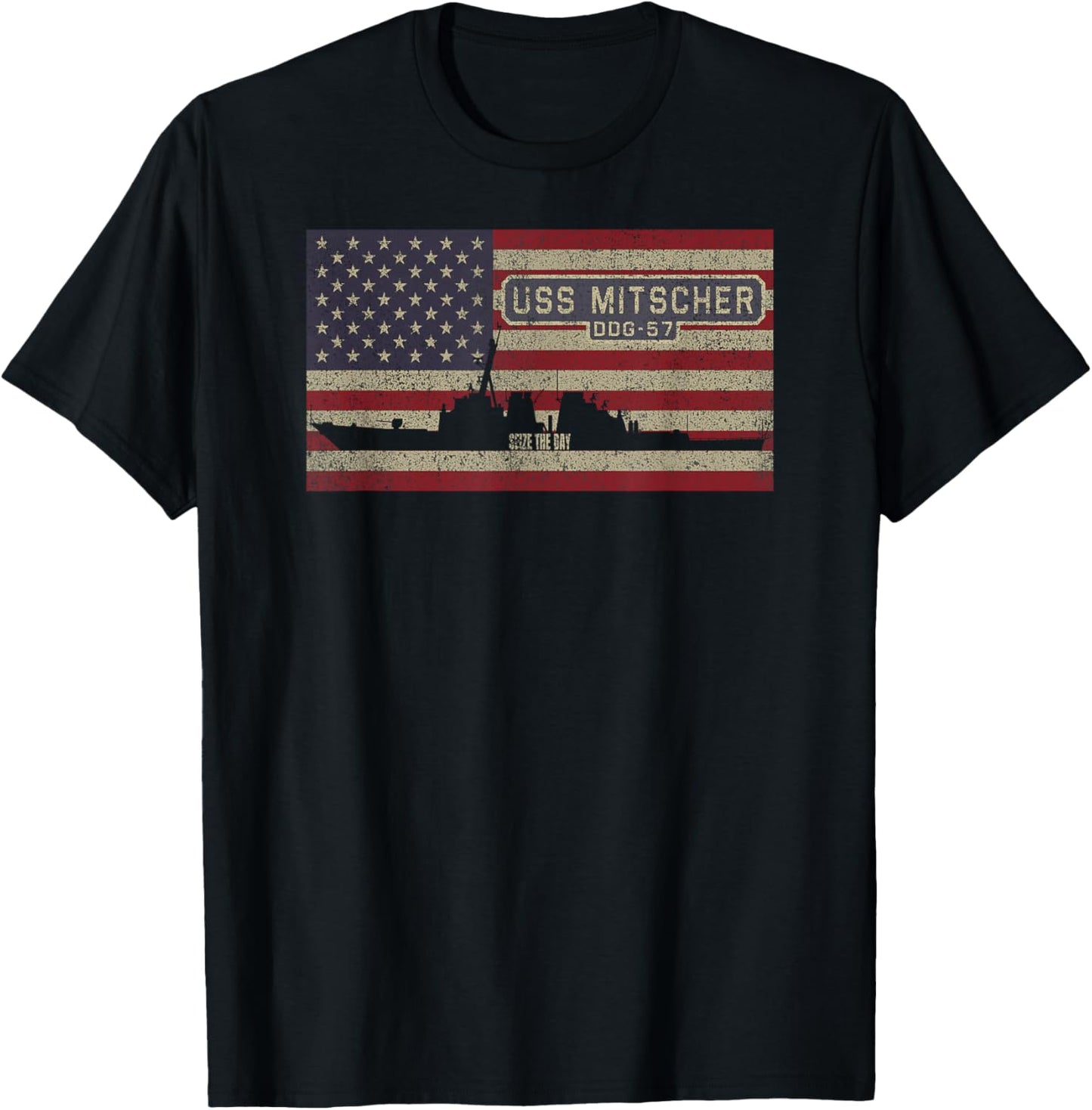 USS Mitscher DDG-57 Destroyer Ship USA American Flag T-Shirt - T-Shirt | Black