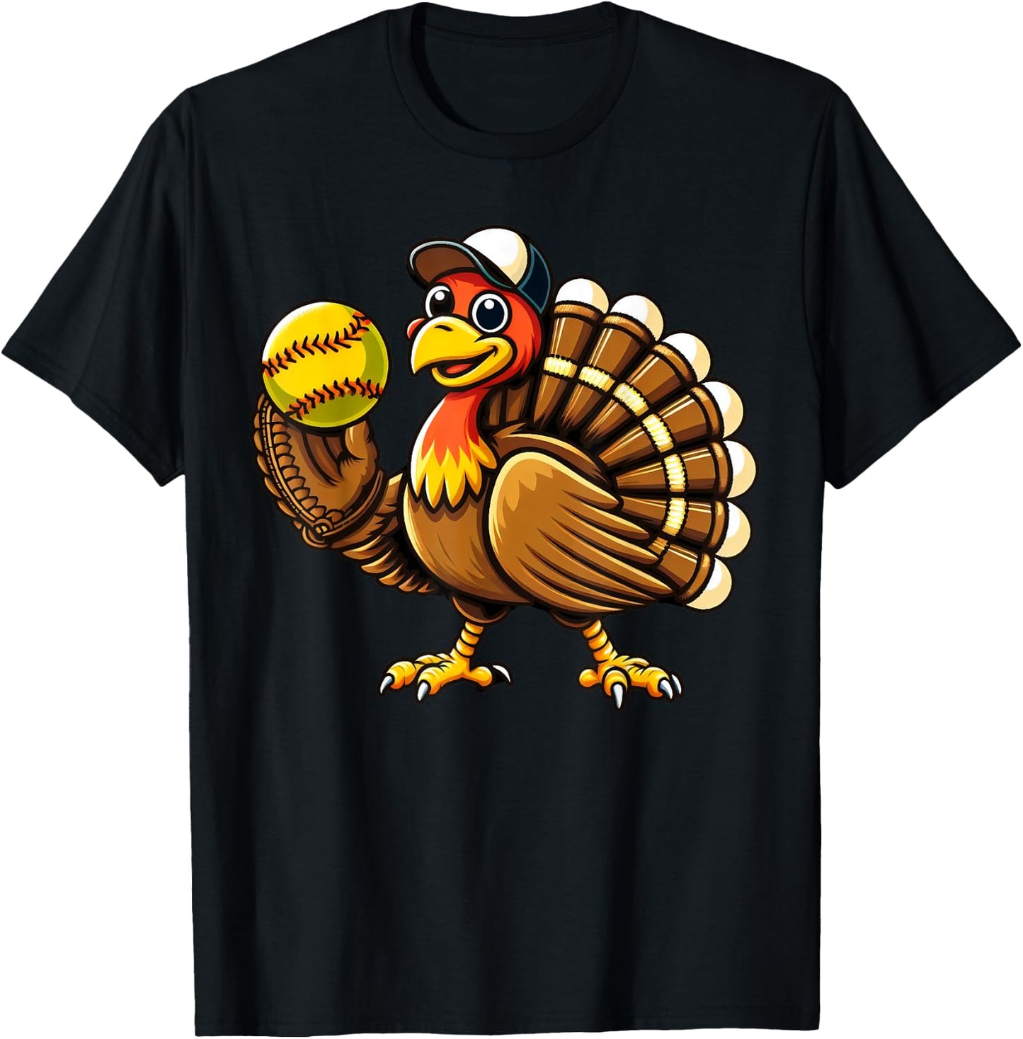 Turkey Softball Thanksgiving Turkey Playing Softball Turkey T-Shirt - T-Shirt | Black