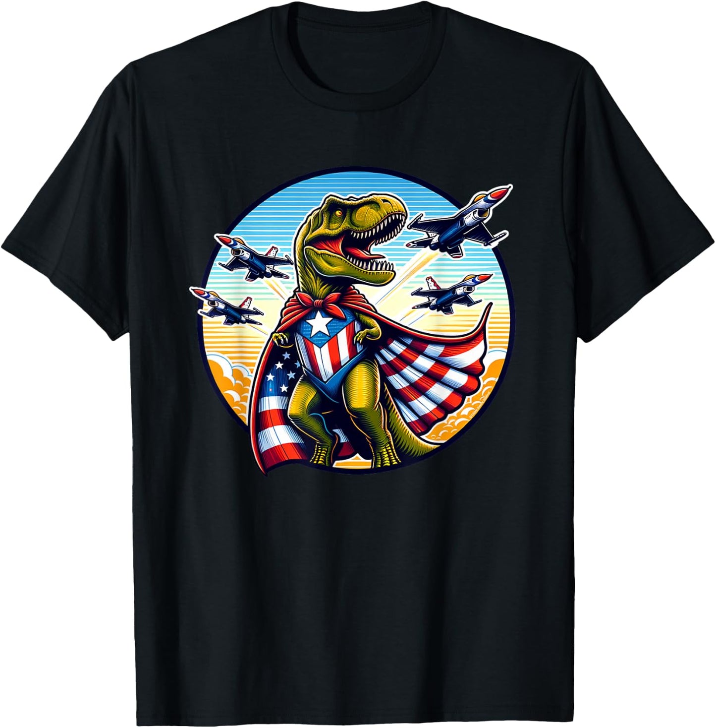 Amerisaurus T-Rex Patriotic Boys Girl 4th of July Flag Jets T-Shirt - T-Shirt | Black