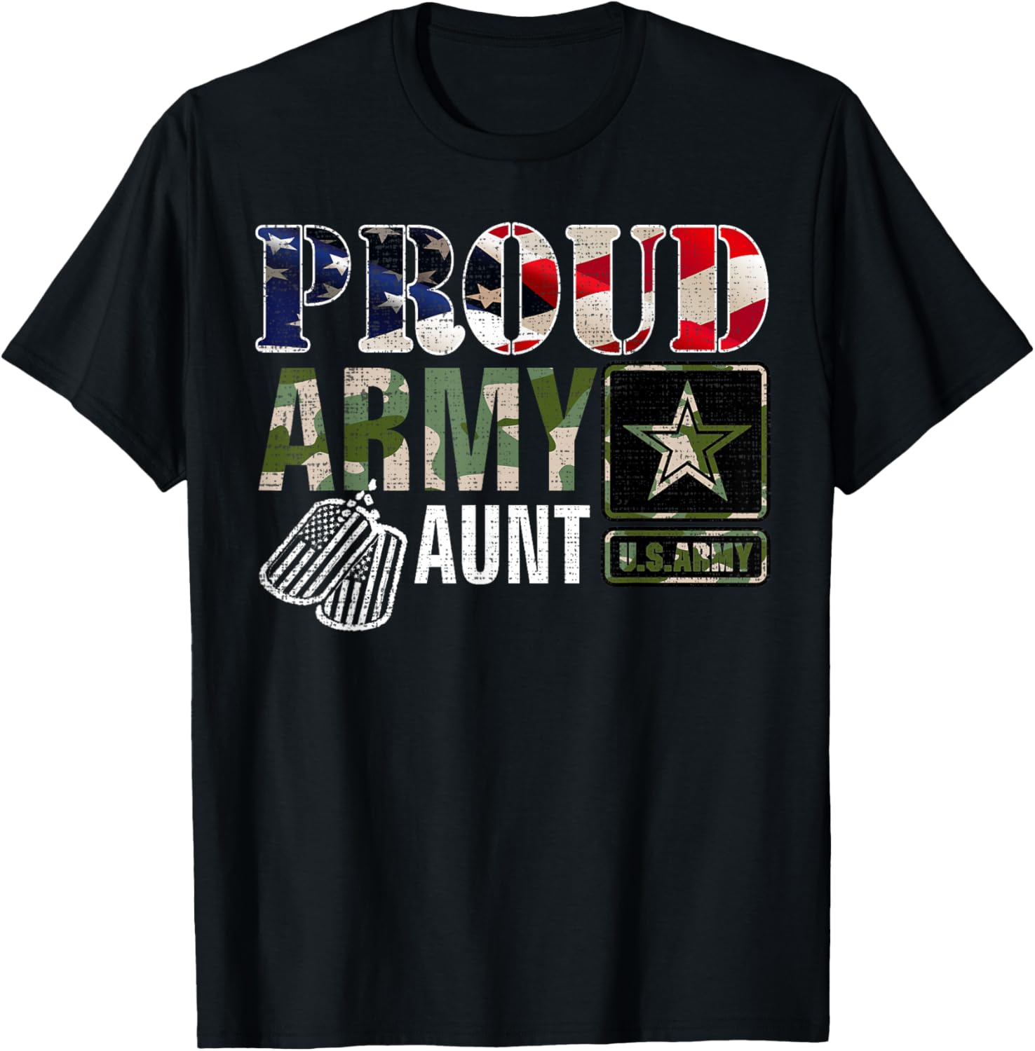 Vintage Proud Army Aunt Camo With American Flag Gift T-Shirt - T-Shirt | Black