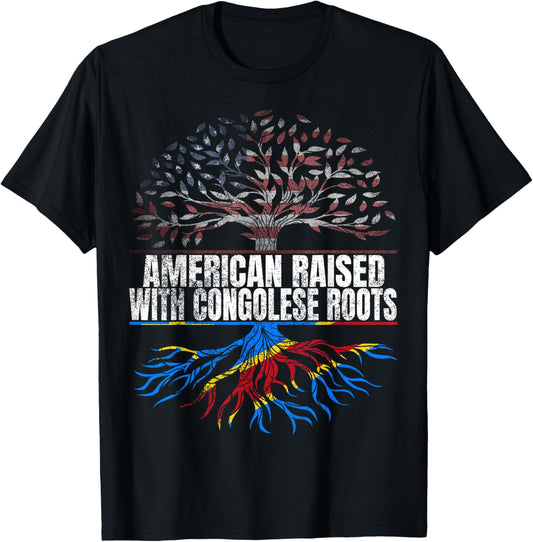 American Raised with Congolese Roots Print USA DR Congo Flag T-Shirt - T-Shirt | Black