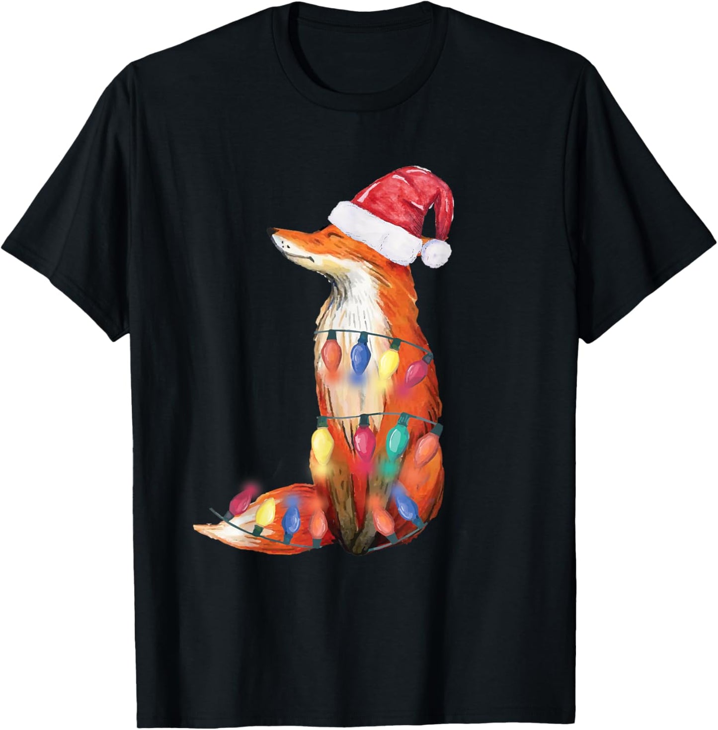 Santa Fox Christmas Lights Fox Lover Christmas Gift T-Shirt - T-Shirt | Black