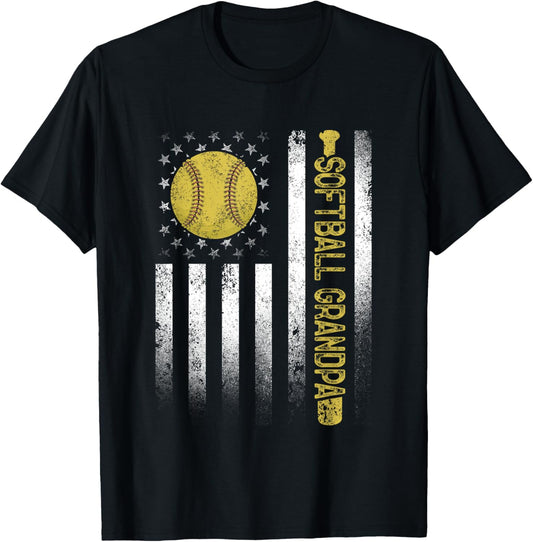 Distressed USA American Flag Softball Grandpa Father's Day Kids Men T-Shirt - T-Shirt | Black