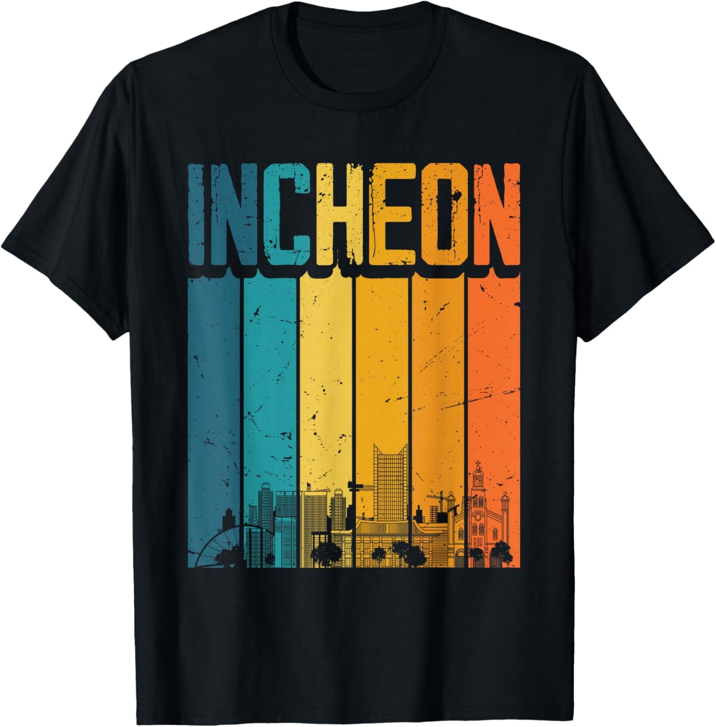 Incheon South Korea Retro Vintage Sunset Skyline Incheon T-Shirt - T-Shirt | Black