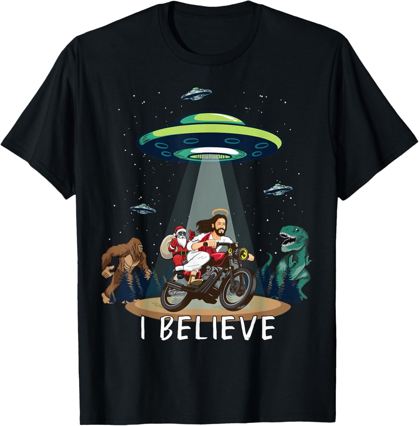 Believe Bigfoot Dinosaur Santa & Jesus Riding Bike Christmas T-Shirt - T-Shirt | Black