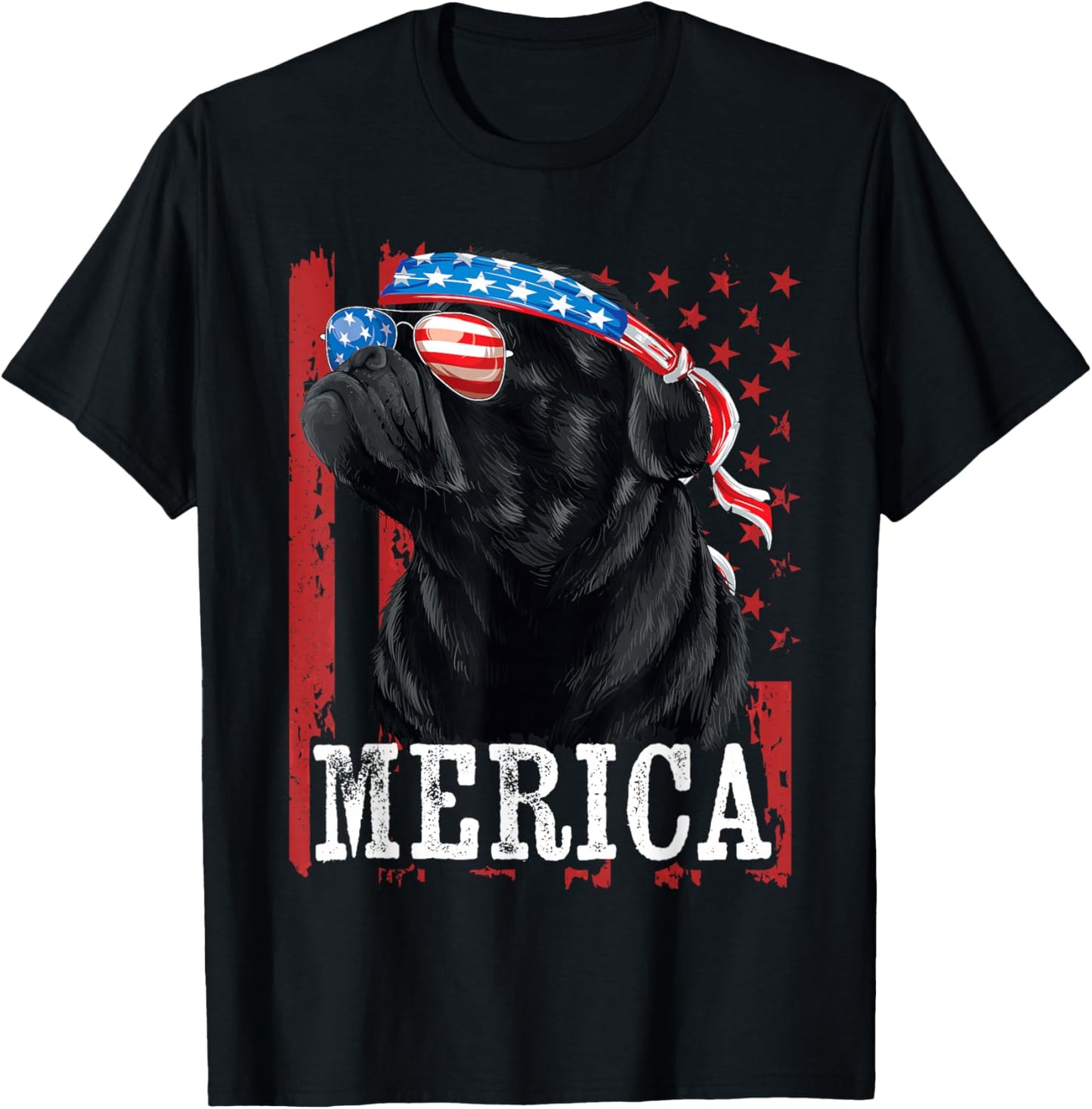 Funny Black Pug 4th of July Dog Mom Dog Dad Merica USA Flag T-Shirt - T-Shirt | Black