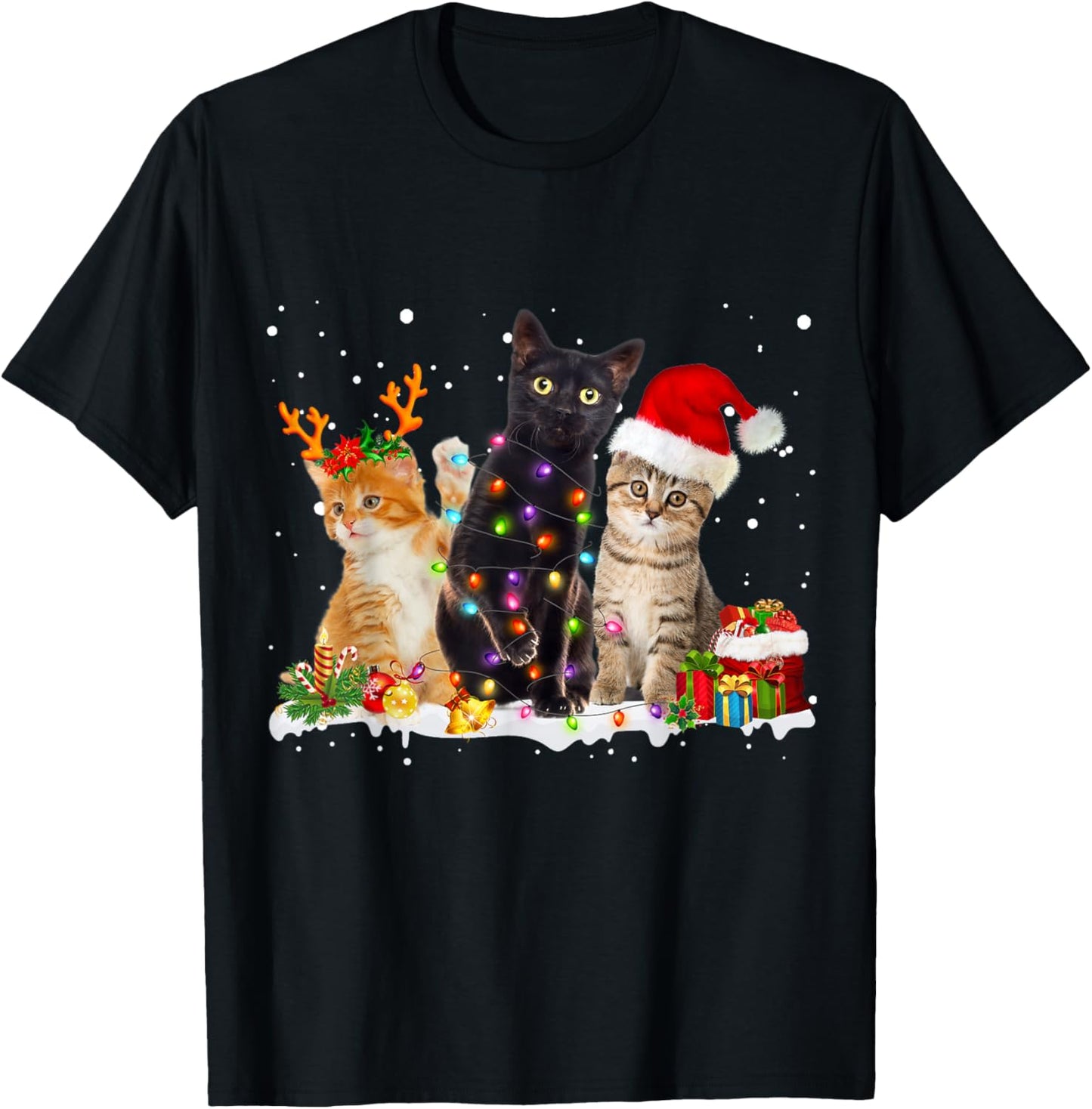 Santa Cat Light Gorgeous Reindeer Pajama Christmas Cat Lover T-Shirt - T-Shirt | Black