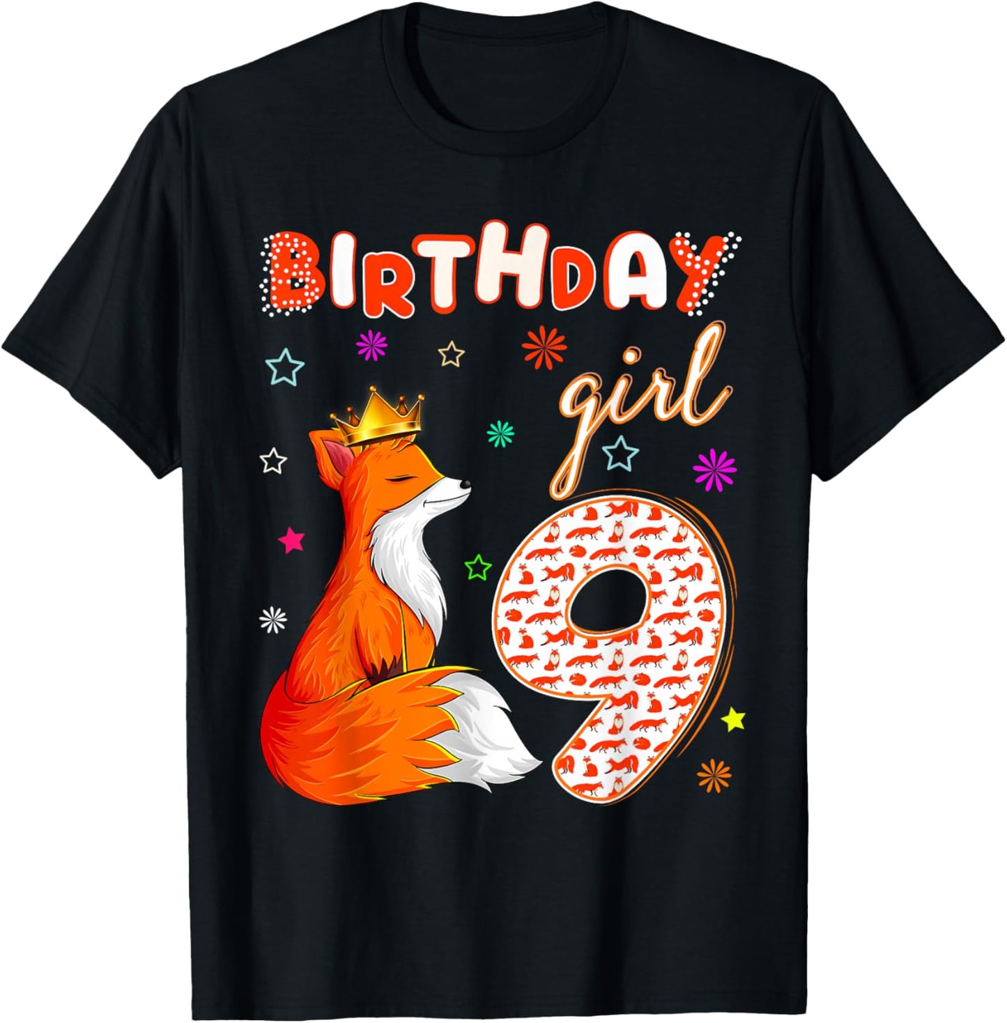 Animal Lovers 9th Birthday Girl Fox B-day 9 year old T-Shirt - T-Shirt | Black