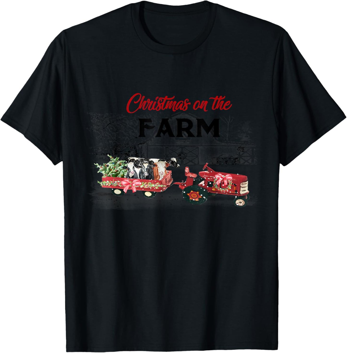 Cow Red Truck Christmas On The Farm T-Shirt - T-Shirt | Black