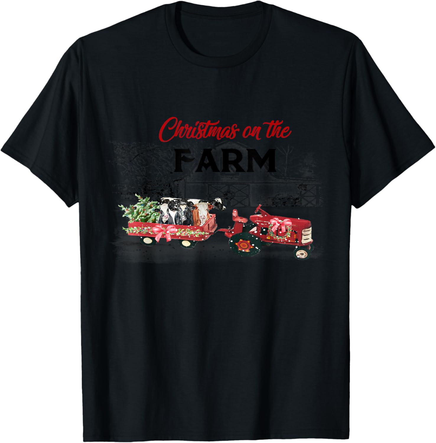 Cow Red Truck Christmas On The Farm T-Shirt - T-Shirt | Black