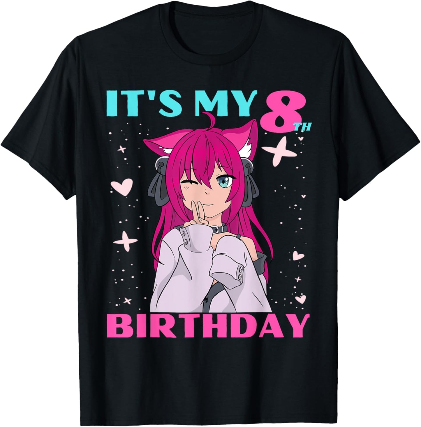 Anime Girl It's My 8th Birthday 8 Years Birthday Girl Kawaii T-Shirt - T-Shirt | Black