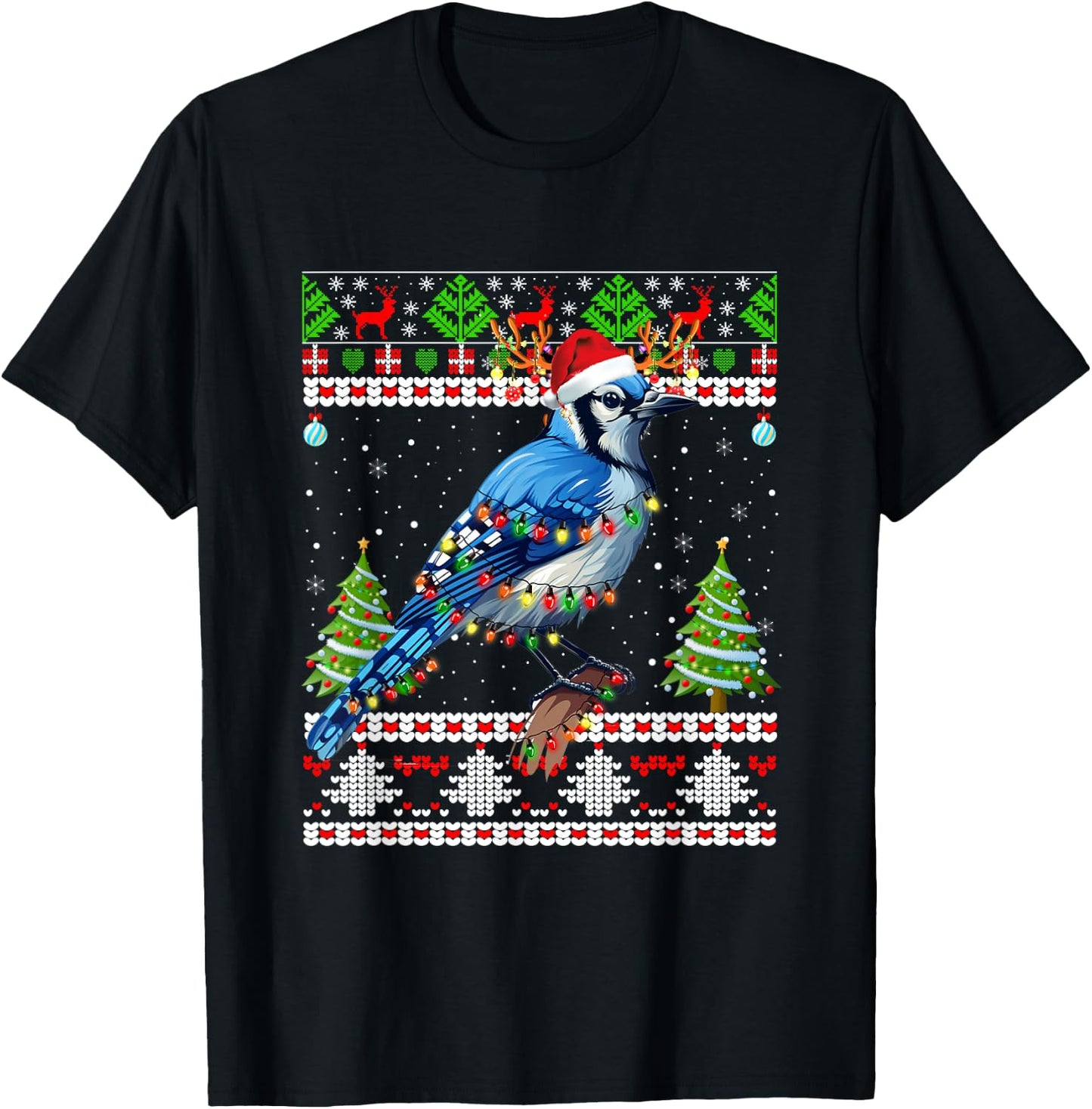 Xmas Lights Ugly Sweater Style Santa Blue Jay Bird Christmas T-Shirt - T-Shirt | Black