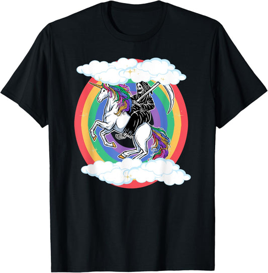 Skeleton Riding Unicorn Funny Unicorns Rainbow Lover Graphic T-Shirt - T-Shirt | Black