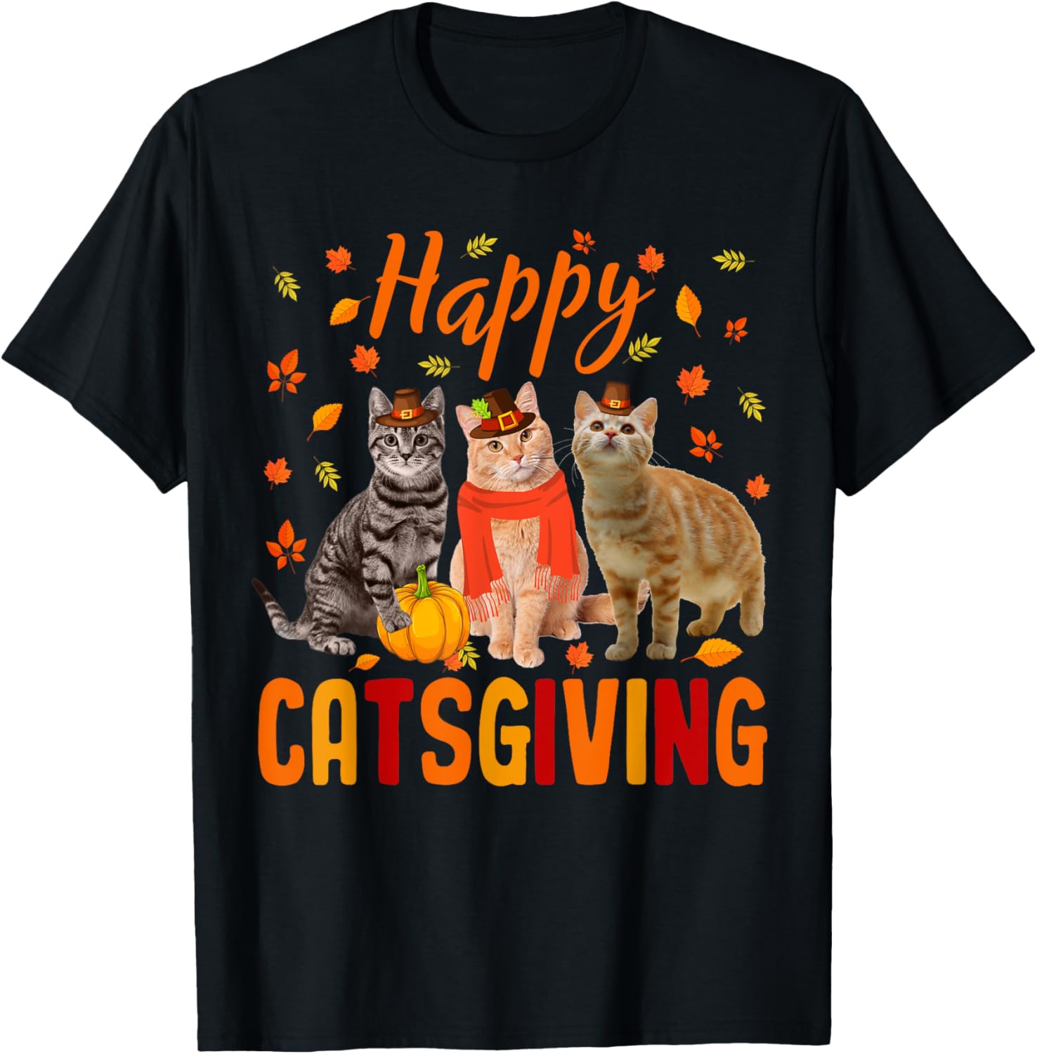 Happy Catsgiving Cute Thanksgiving Cat Wears Pilgrim Hat T-Shirt - T-Shirt | Black