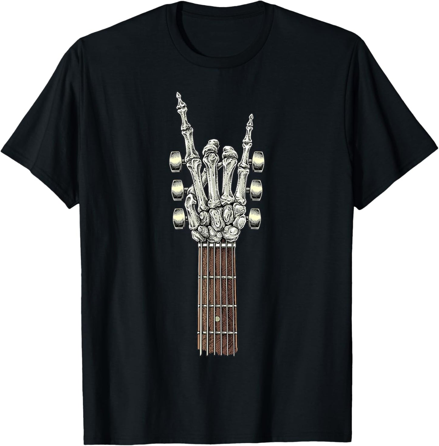 Rock On Guitar Neck with A Sweet Rock & Roll Skeleton Hand T-Shirt - T-Shirt | Black