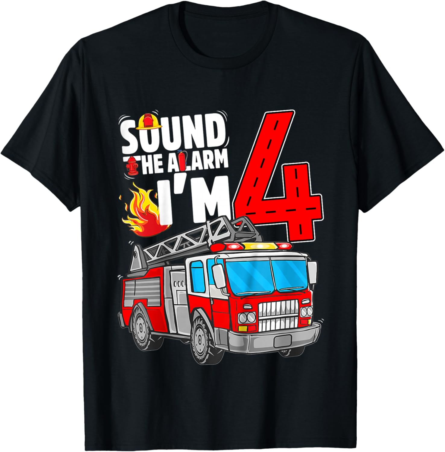 Kids Fire Truck 4th Birthday Boy Firefighter 4 Year Old T-Shirt - T-Shirt | Black