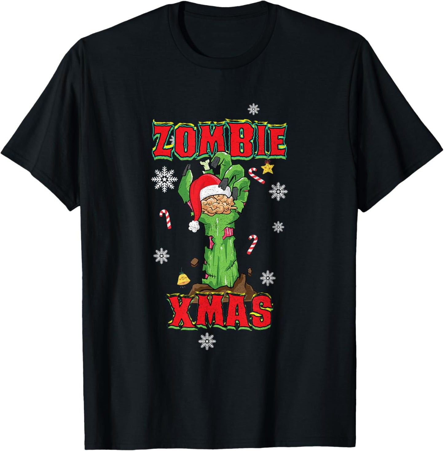 Zombie Xmas Merry Halloween Christmas Brains Zombie Hand T-Shirt - T-Shirt | Black