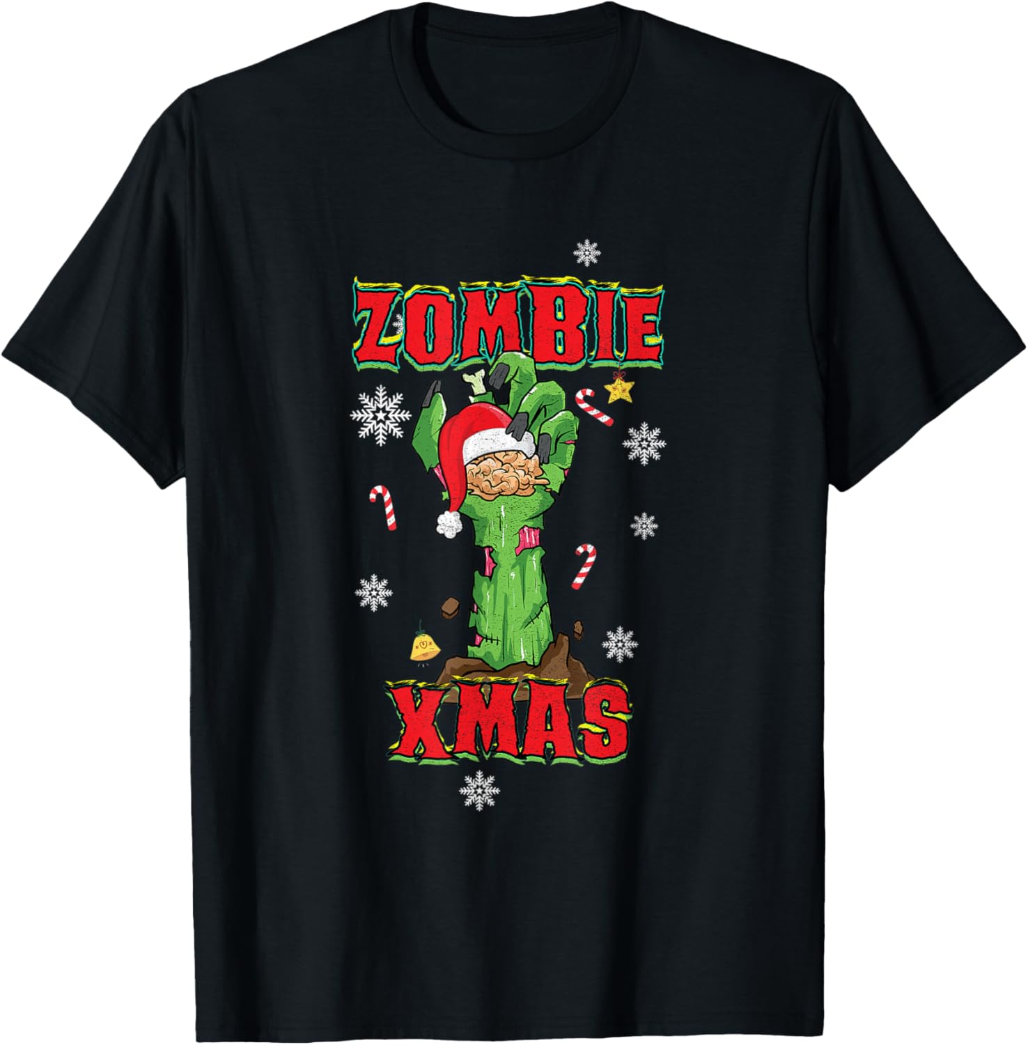 Zombie Xmas Merry Halloween Christmas Brains Zombie Hand T-Shirt - T-Shirt | Black
