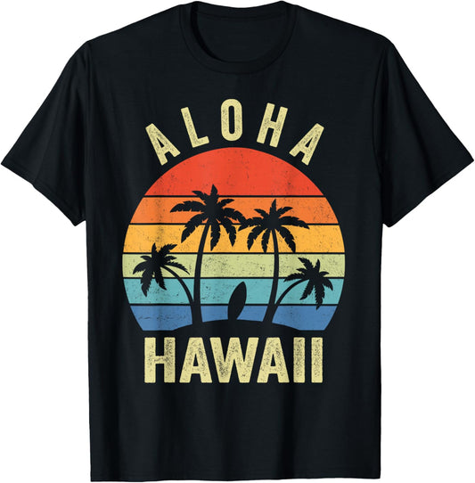 Aloha Hawaii Hawaiian Island Palm Beach Surfboard Surf T-Shirt - T-Shirt | Black