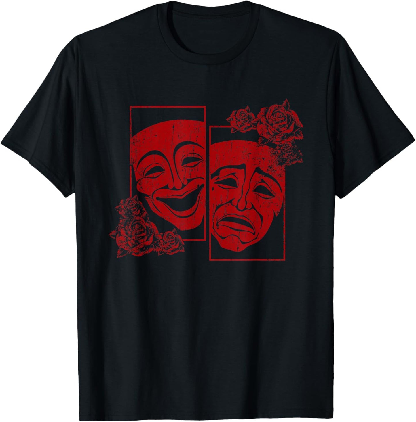 Theatre Mask Drama Comedy Soft Grunge Red Roses Aresthetic T-Shirt - T-Shirt | Black