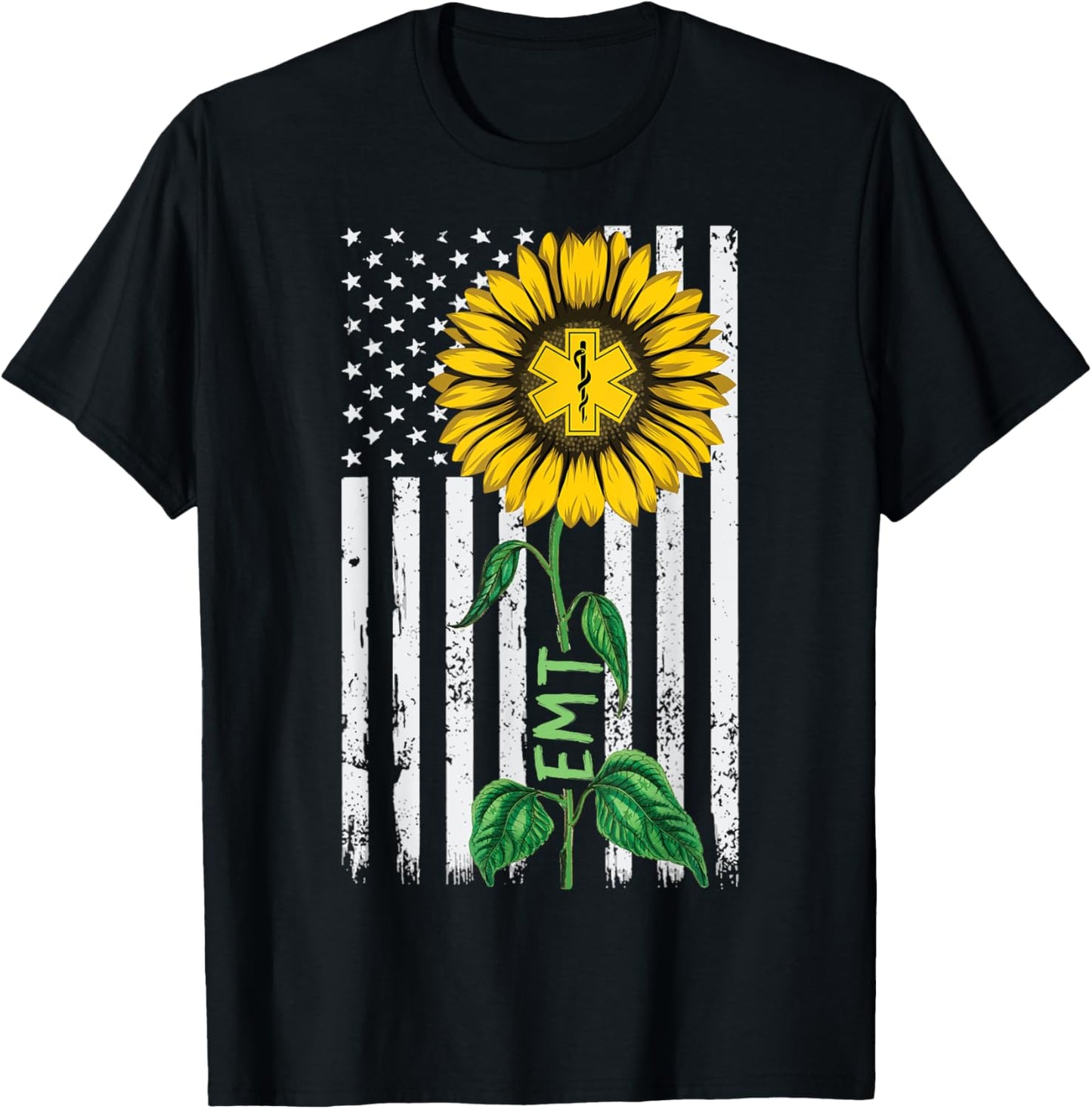 Vintage American Flag EMT Sunflower Hippie EMT Nurse Gifts Women Kids Men T-Shirt - T-Shirt | Black