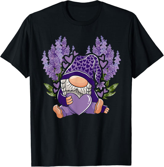 Lavender Gnome Gardening Floral Flower Purple Gnome T-Shirt - T-Shirt | Black