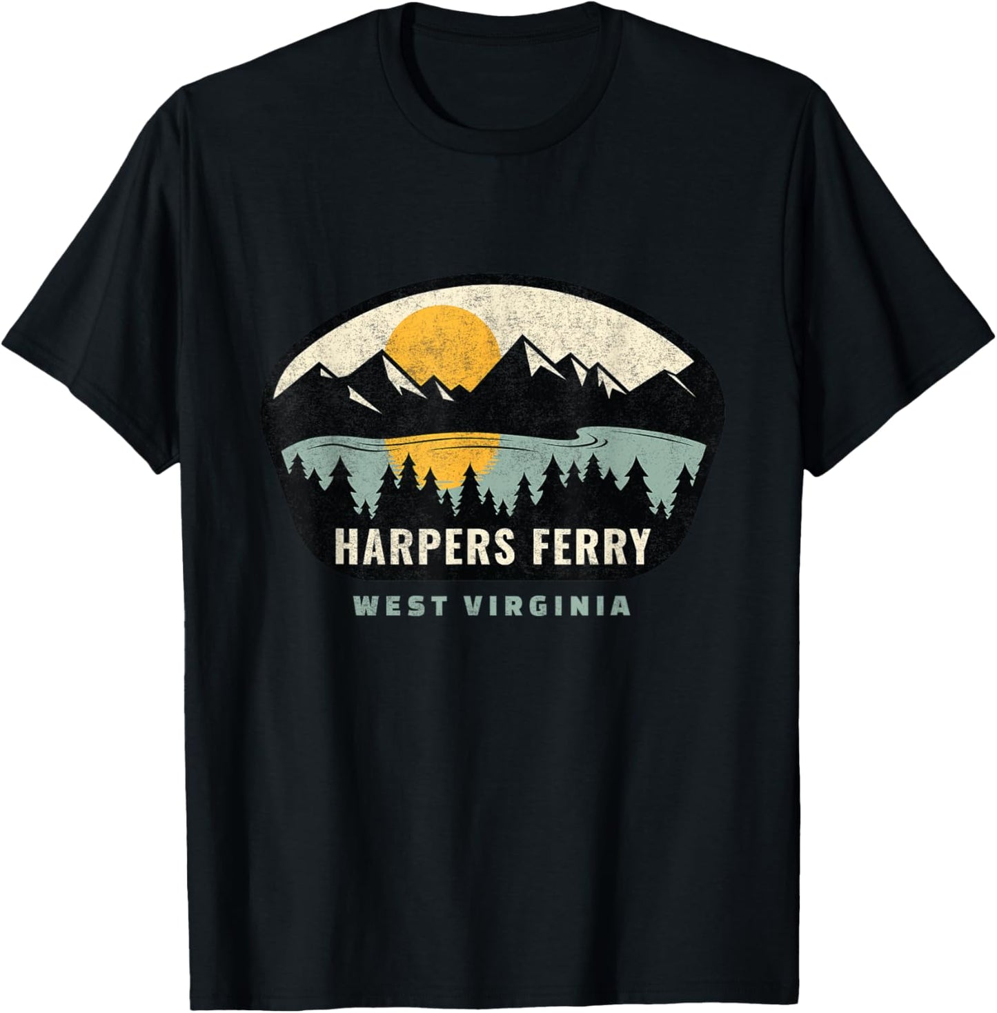 Whyitsme Design -Adults Vacation - Black, Small - Short Sleeve - - Modern - Distressed Design with Sunset Background - Harpers Ferry West Virginia Souvenir T-Shirt - T-Shirt | Black