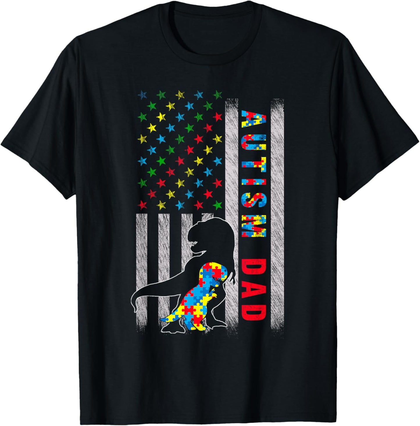 Autism Dad US Flag Dinosaur Autism Awareness T-Shirt - T-Shirt | Black